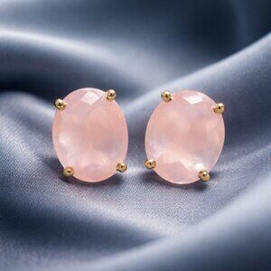 NEW Rose Quartz Oval Stud Earrings Natural Stone18K Plated Old Money Classic